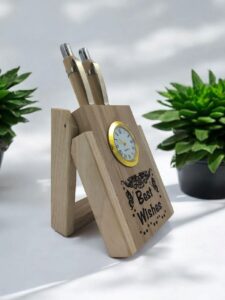 Wooden Pen Stand with Clock