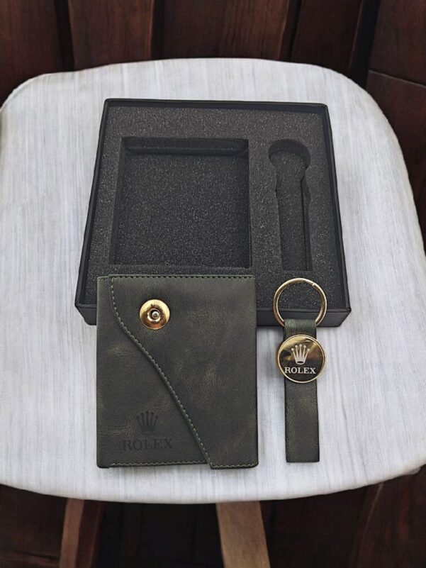 Luxury corporate gift set with green leather Rolex card holder and matching keychain in a black gift box