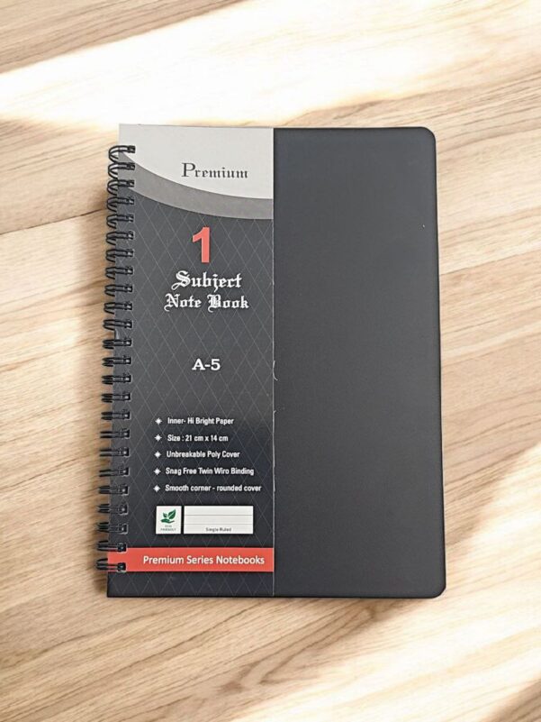 Premium A5 Spiral Notebook | 1 Subject Single Ruled Eco-Friendly Notebook with Poly Cover & Twin Wiro Binding – 21cm x 14cm